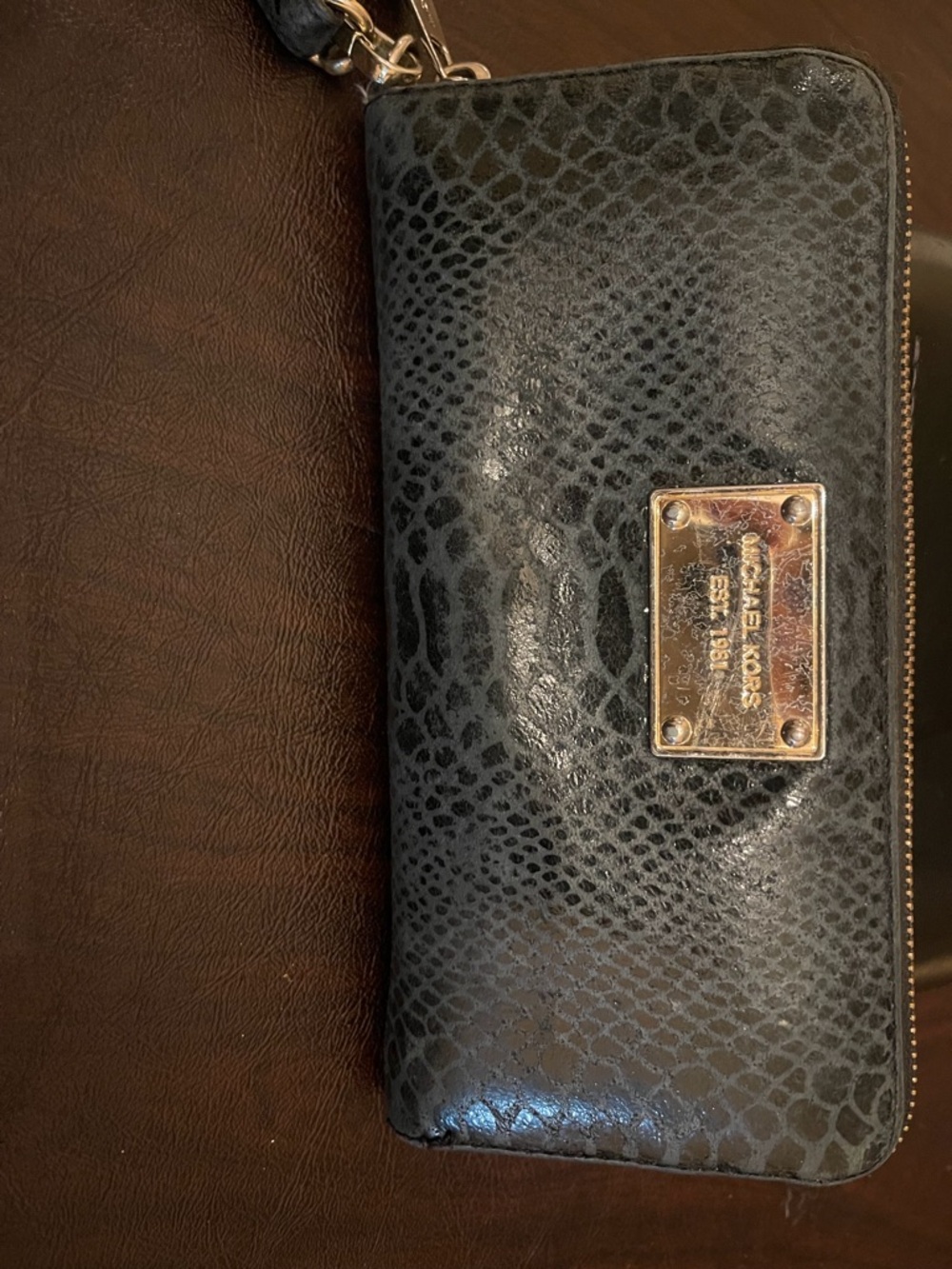 Michael Kors Black Textured Leather Zip Clutch with Gold Plaque